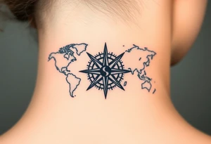 antique compass rose overlaid on weathered world map with sailing ships tattoo idea