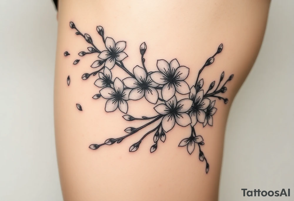 delicate cherry blossoms swirling in spring breeze with petals tattoo idea