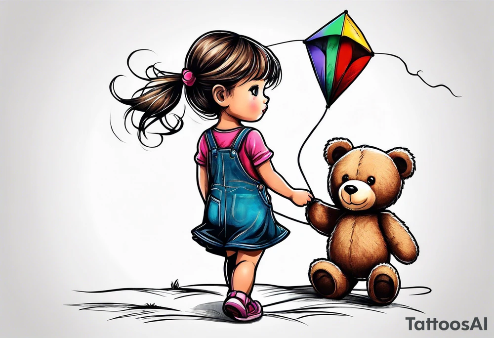 back image of a little girl in a dress, flying a kite, a teddy bear in overalls, standing beside her tattoo idea