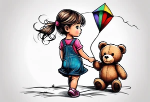 back image of a little girl in a dress, flying a kite, a teddy bear in overalls, standing beside her tattoo idea