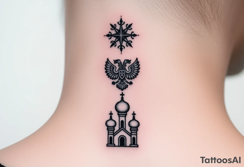 Stacked Vertical Column 

Russian star — small, bold
Middle: Miniature double-headed eagle — simplified, cleaner lines to suit the smaller space
Bottom: Orthodox church dome(s) with a small Virgin Mary silhouette beneath tattoo idea