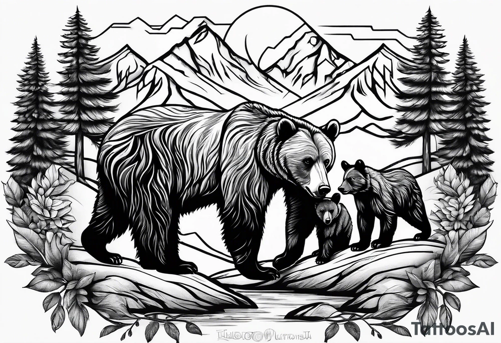 mamma bear and cub with mountains tattoo idea