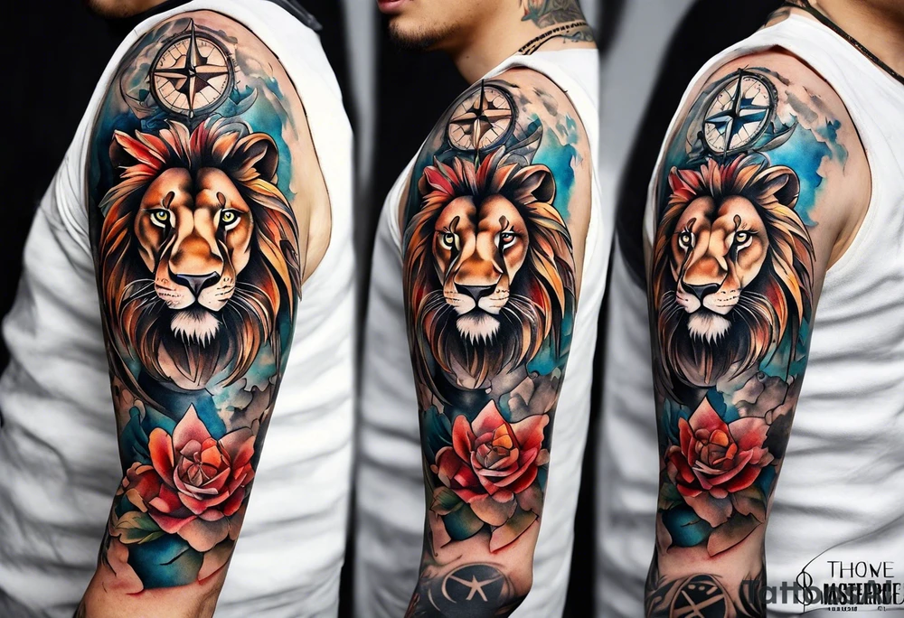 Sleeve tattoo with the word topete, a compass and a lions head tattoo idea