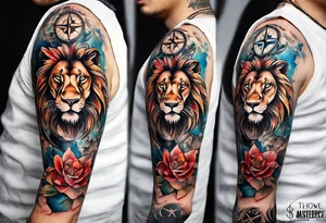 Sleeve tattoo with the word topete, a compass and a lions head tattoo idea