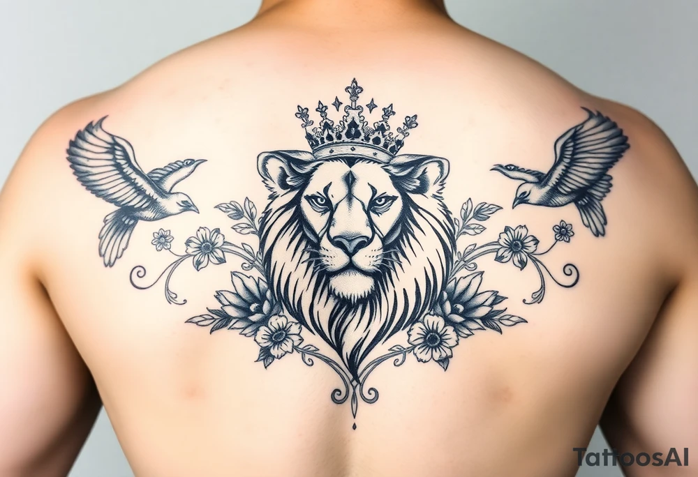 powerful majestic lion with a crown, surrounded by floral ornaments and birds tattoo idea