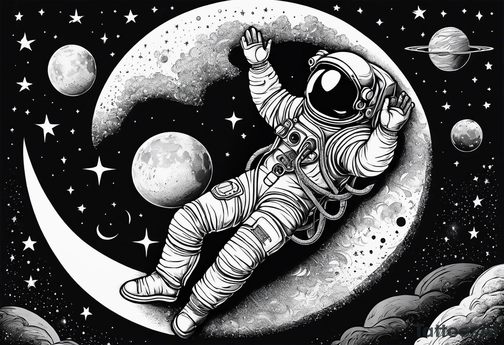 astronaut laying on a crescent moon tattoo idea