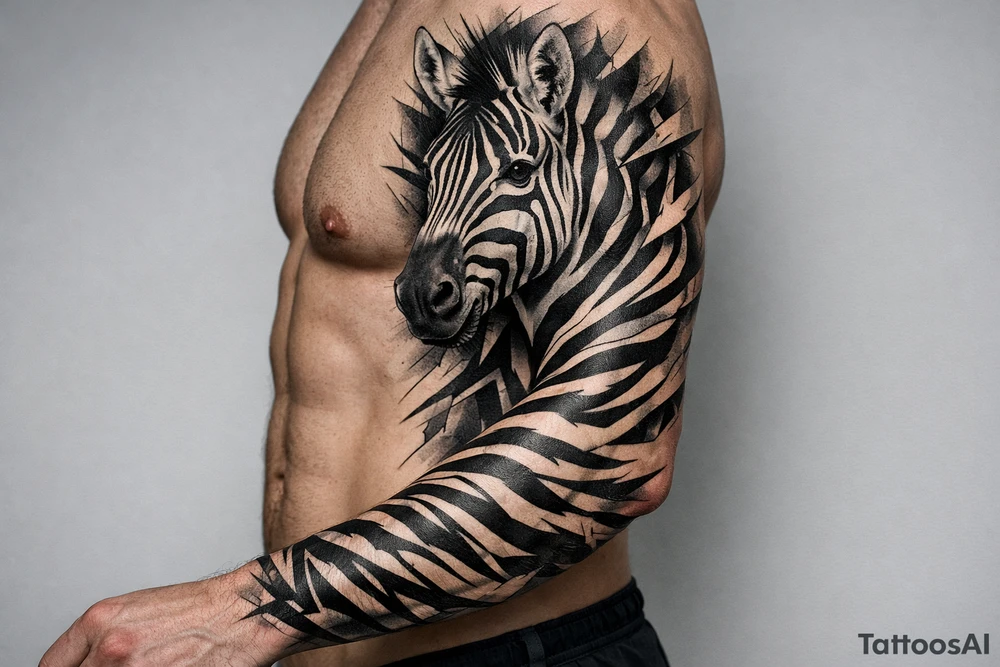 Realistic zebra head emerging from chest, stripes flowing onto arm. tattoo idea