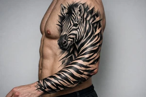 Realistic zebra head emerging from chest, stripes flowing onto arm. tattoo idea