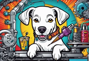 White dog fixing mechanical brain with screwdriver tattoo idea