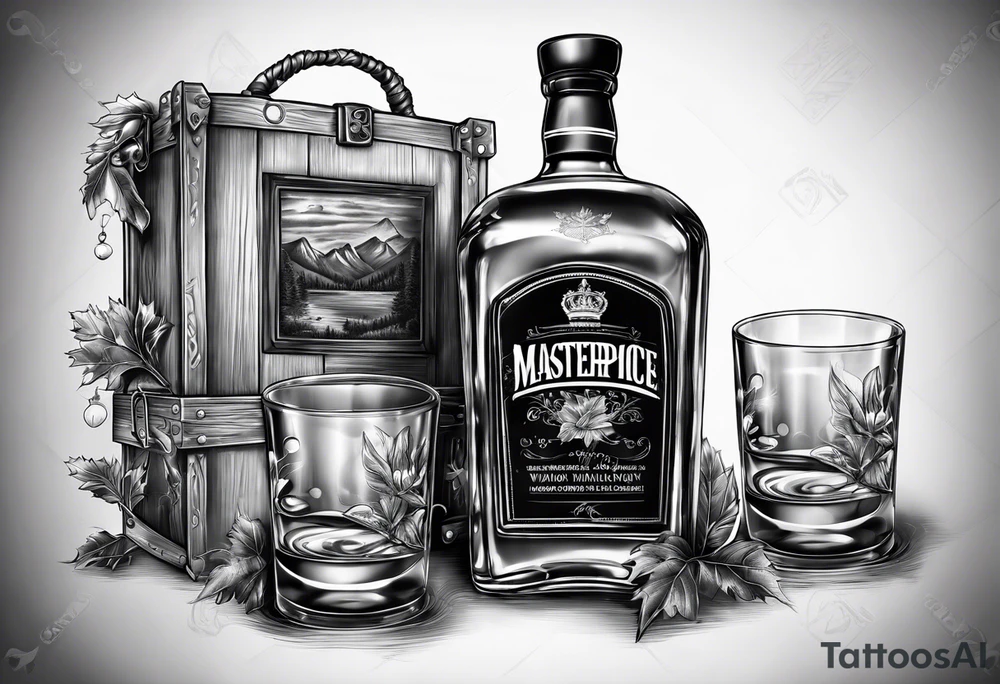 Canadian whiskey and glass and dog tags tattoo idea
