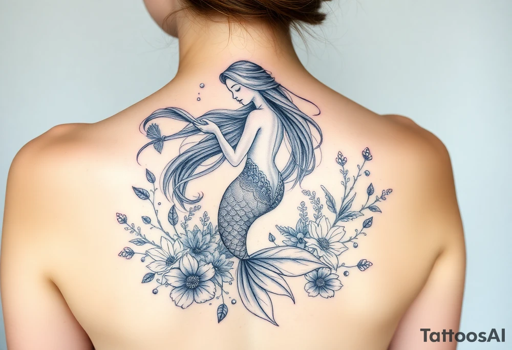ethereal mermaid with flowing hair among coral and sea flowers tattoo idea