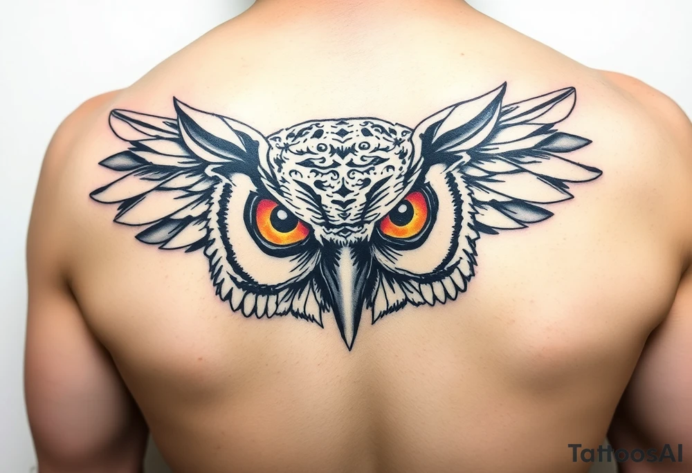 Biomechanics  large colored tripping eye owl head tattoo idea
