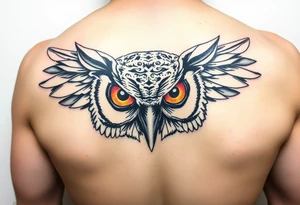 Biomechanics  large colored tripping eye owl head tattoo idea