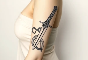 mystical snake coiled around an ancient dagger with jeweled hilt tattoo idea