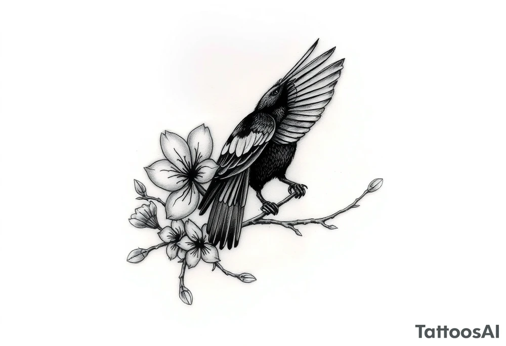 Cherry blossom on side scar with a raven on branch tattoo idea