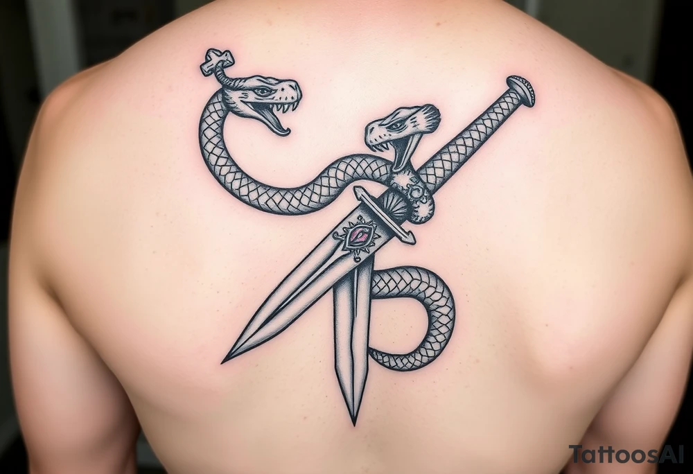 mystical snake coiled around an ancient dagger with jeweled hilt tattoo idea
