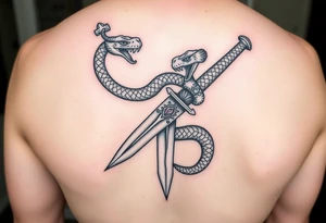 mystical snake coiled around an ancient dagger with jeweled hilt tattoo idea