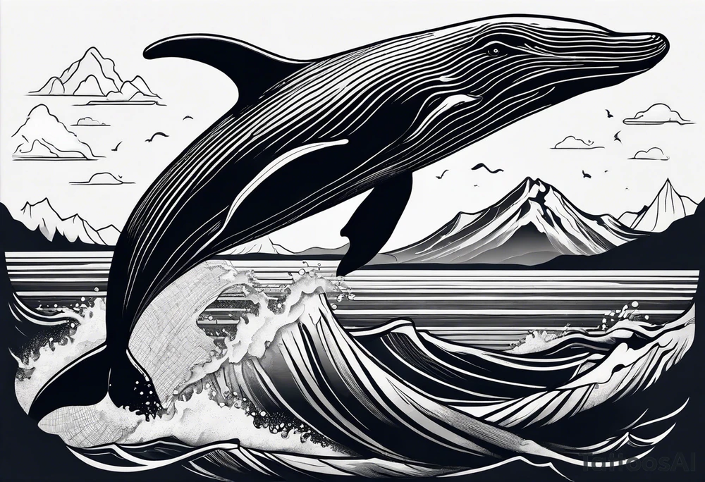humpback whale with a mountain scene drawn on its tail tattoo idea