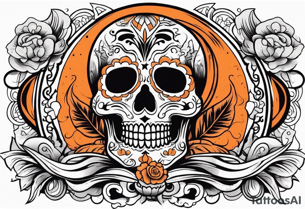 Mexican skull with smoke coming out of the bottom orange and black tattoo idea