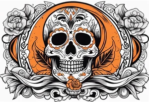 Mexican skull with smoke coming out of the bottom orange and black tattoo idea