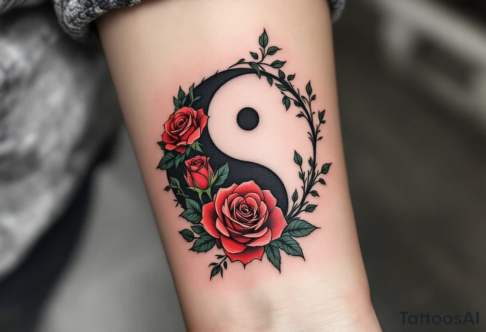 A yin-yang symbol formed from roses and ivy, using deep red, forest green, and soft pinks.
Placement: Shoulder blade or thigh. tattoo idea