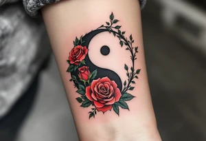 A yin-yang symbol formed from roses and ivy, using deep red, forest green, and soft pinks.
Placement: Shoulder blade or thigh. tattoo idea