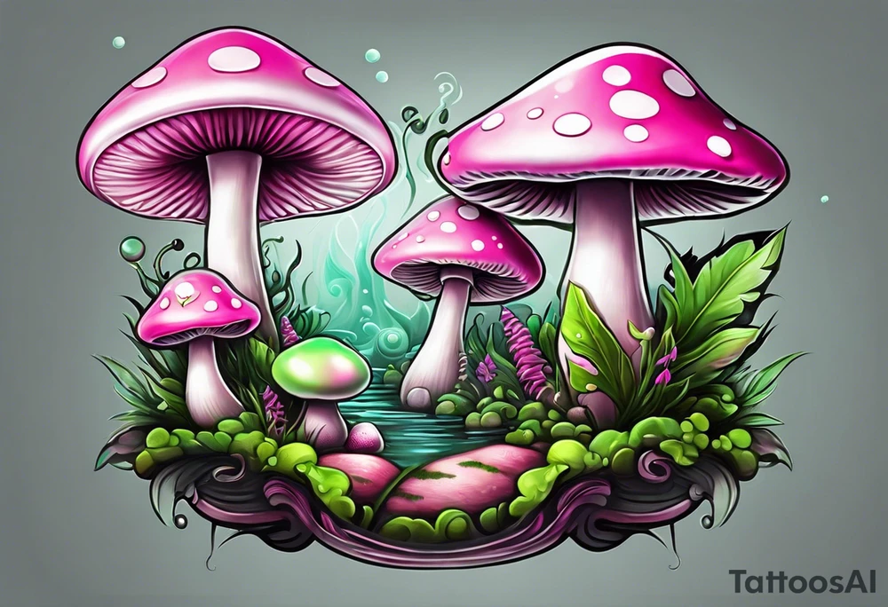 pink and white mushroom with little green alien fishing on top, smoke lingers in the back tattoo idea