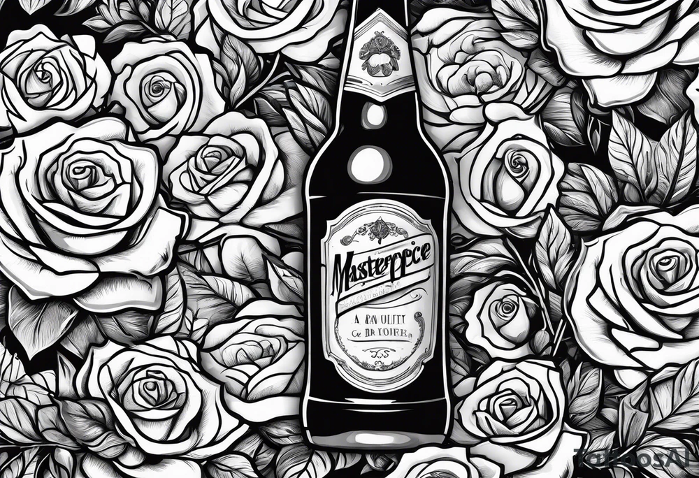 A bottle of beer and a stalk of rose in the bucket tattoo idea