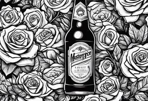 A bottle of beer and a stalk of rose in the bucket tattoo idea