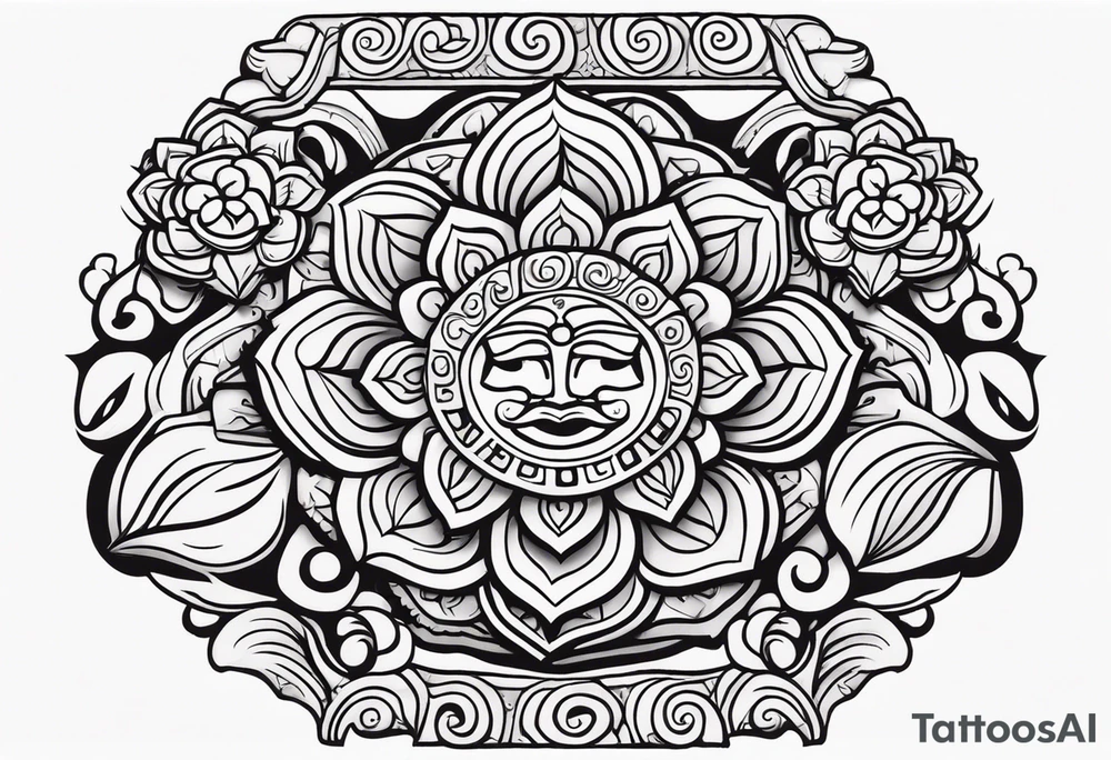 Create a masculine mayan tattoo design carved in stone featuring three flower buds of Gypsophila spp. tattoo idea