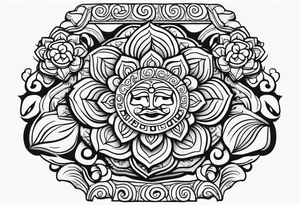 Create a masculine mayan tattoo design carved in stone featuring three flower buds of Gypsophila spp. tattoo idea