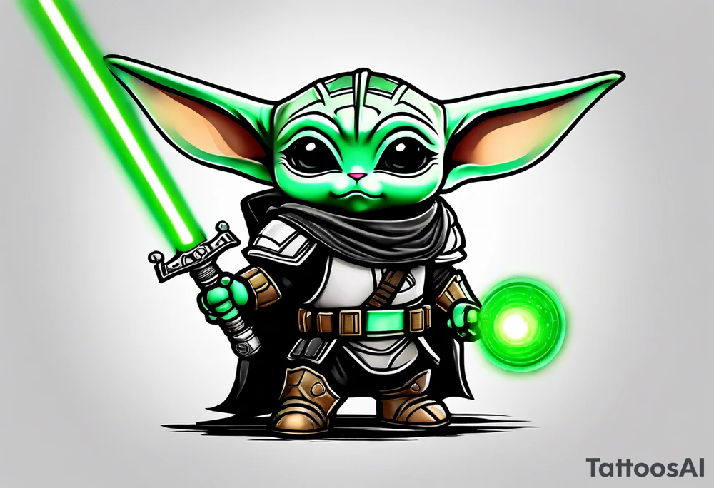 Baby grogu wearing black mandalorian armor,  and  wielding a green lightsaber tattoo idea