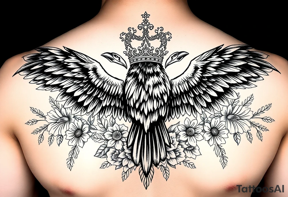 Chest tattoo,powerful majestic ravens with a crown, surrounded by floral ornaments and birds tattoo idea