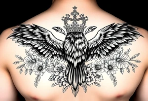 Chest tattoo,powerful majestic ravens with a crown, surrounded by floral ornaments and birds tattoo idea