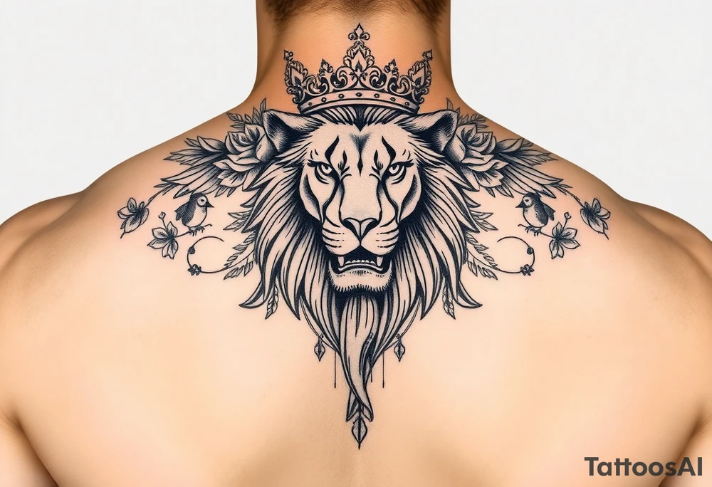 powerful majestic lion with a crown, surrounded by floral ornaments and birds tattoo idea