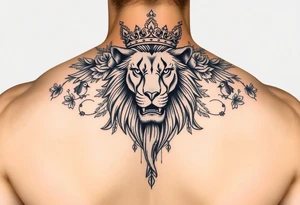 powerful majestic lion with a crown, surrounded by floral ornaments and birds tattoo idea
