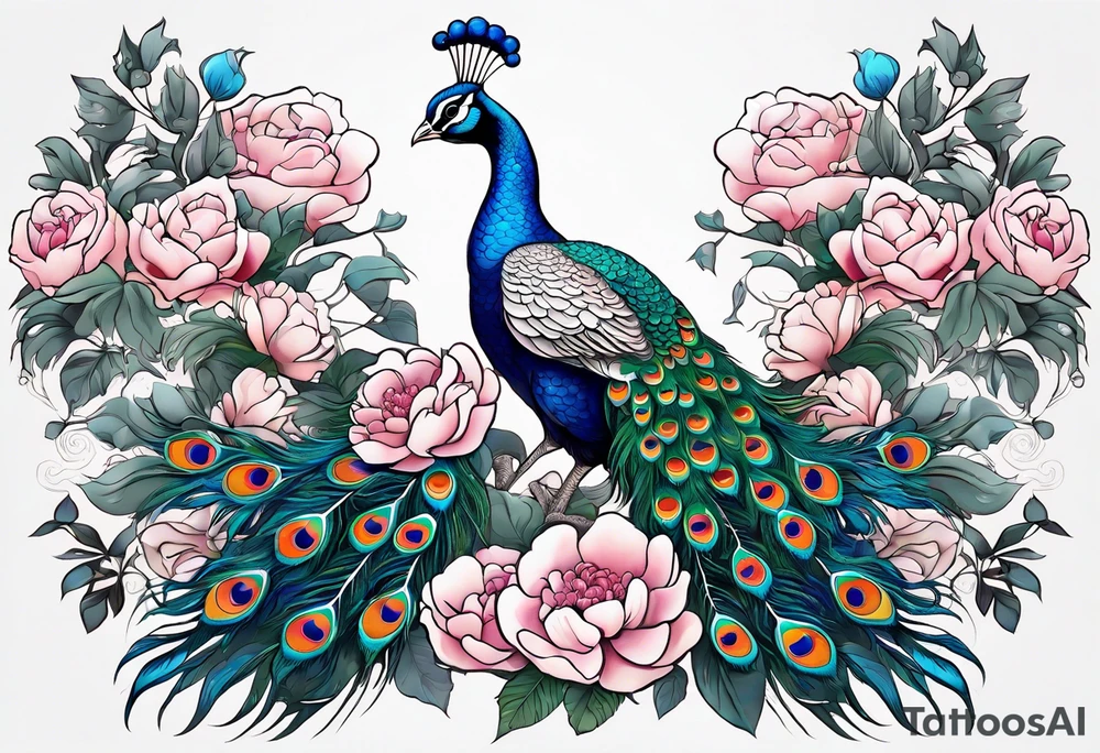 beautiful highly detailed peacock surrounded by peonies, roses. and leaves, philligry, intricate, detailed, tattoo idea