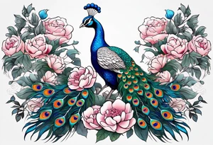 beautiful highly detailed peacock surrounded by peonies, roses. and leaves, philligry, intricate, detailed, tattoo idea