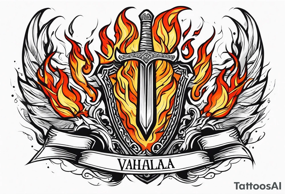 valhalla sword shield funeral on fire tattoo idea
