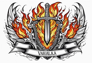 valhalla sword shield funeral on fire tattoo idea