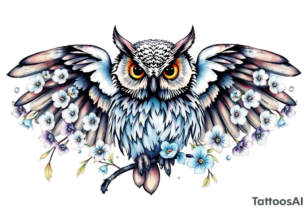 An owl outlined by forget me nots tattoo idea