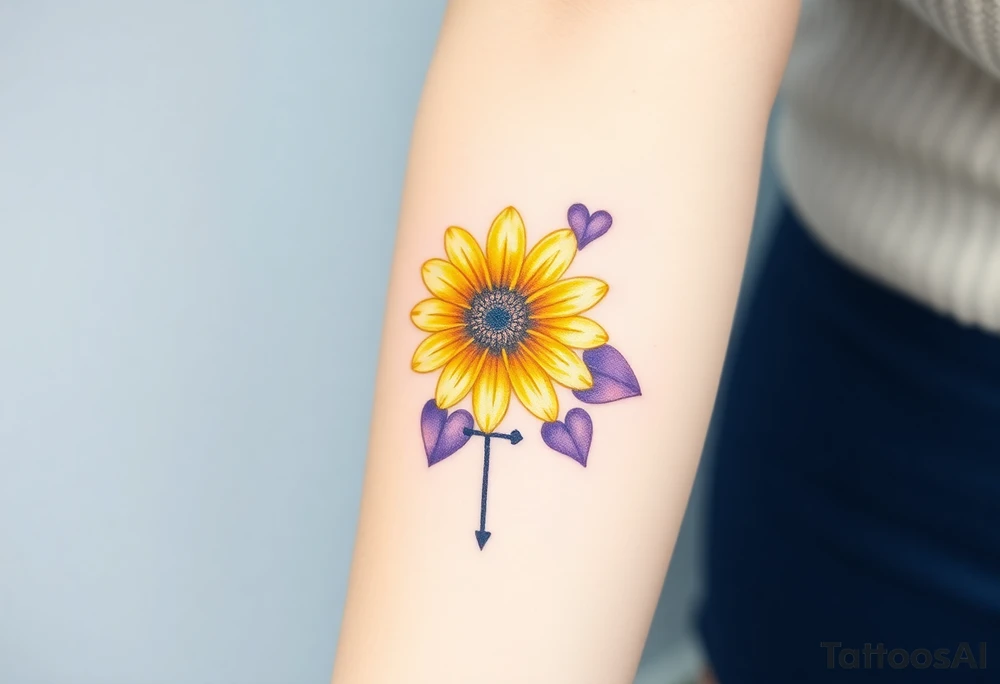 Simple yellow daisy with Purple Hearts & cross tattoo idea