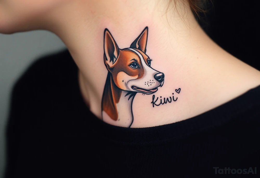 One line tattoo of female dog with white strip going up dog’s snout slightly off centered. Brown brindled and the dogs tongue slightly out with  the name kiwi and Just the colors black  white brown with a small heart near by tattoo idea