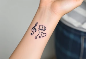A swirl containing the Treble clef, Bass clef, book, dog paw, star, psyduck, heart tattoo idea