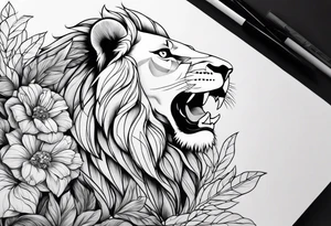 shoulder sleeve with lion and cub, landscape background tattoo idea