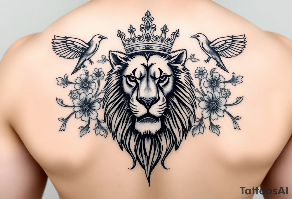 powerful majestic lion with a crown, surrounded by floral ornaments and birds tattoo idea