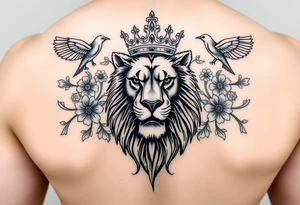 powerful majestic lion with a crown, surrounded by floral ornaments and birds tattoo idea