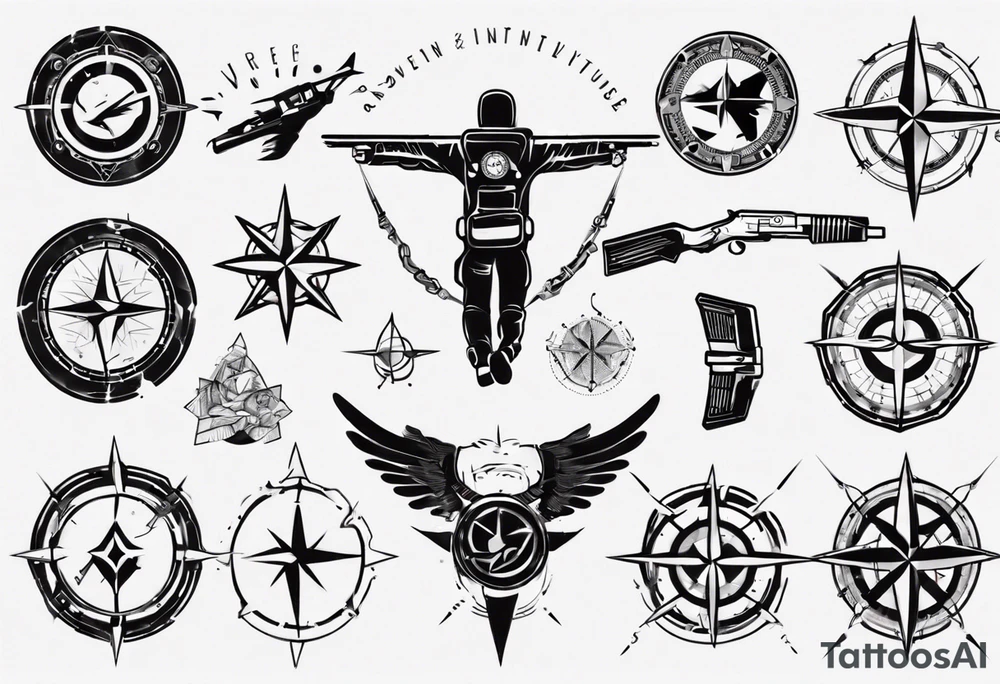 skydiving, shooting guns, compass, adventure tattoo idea