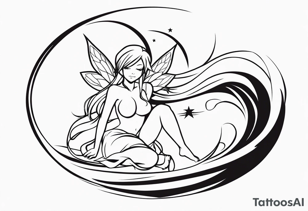 No color fairy with a tail inspired by the logo of the anime show called Fairy Tail in a fetal position leaning in and forward while sleeping tattoo idea