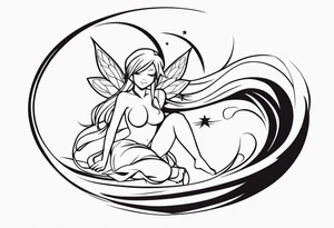 No color fairy with a tail inspired by the logo of the anime show called Fairy Tail in a fetal position leaning in and forward while sleeping tattoo idea